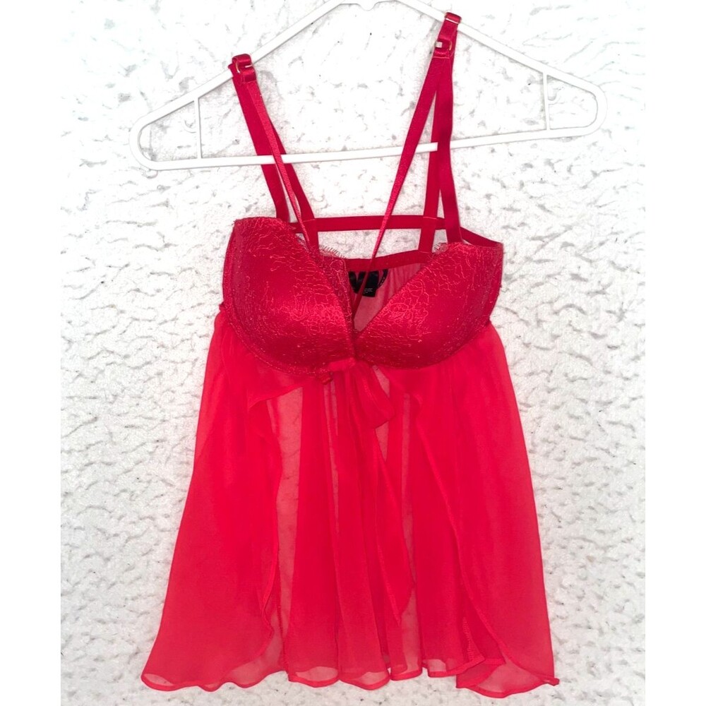 Victoria's Secret Babydoll Women's 34D Red Lace Sexy Lingerie Sheer Push up NEW